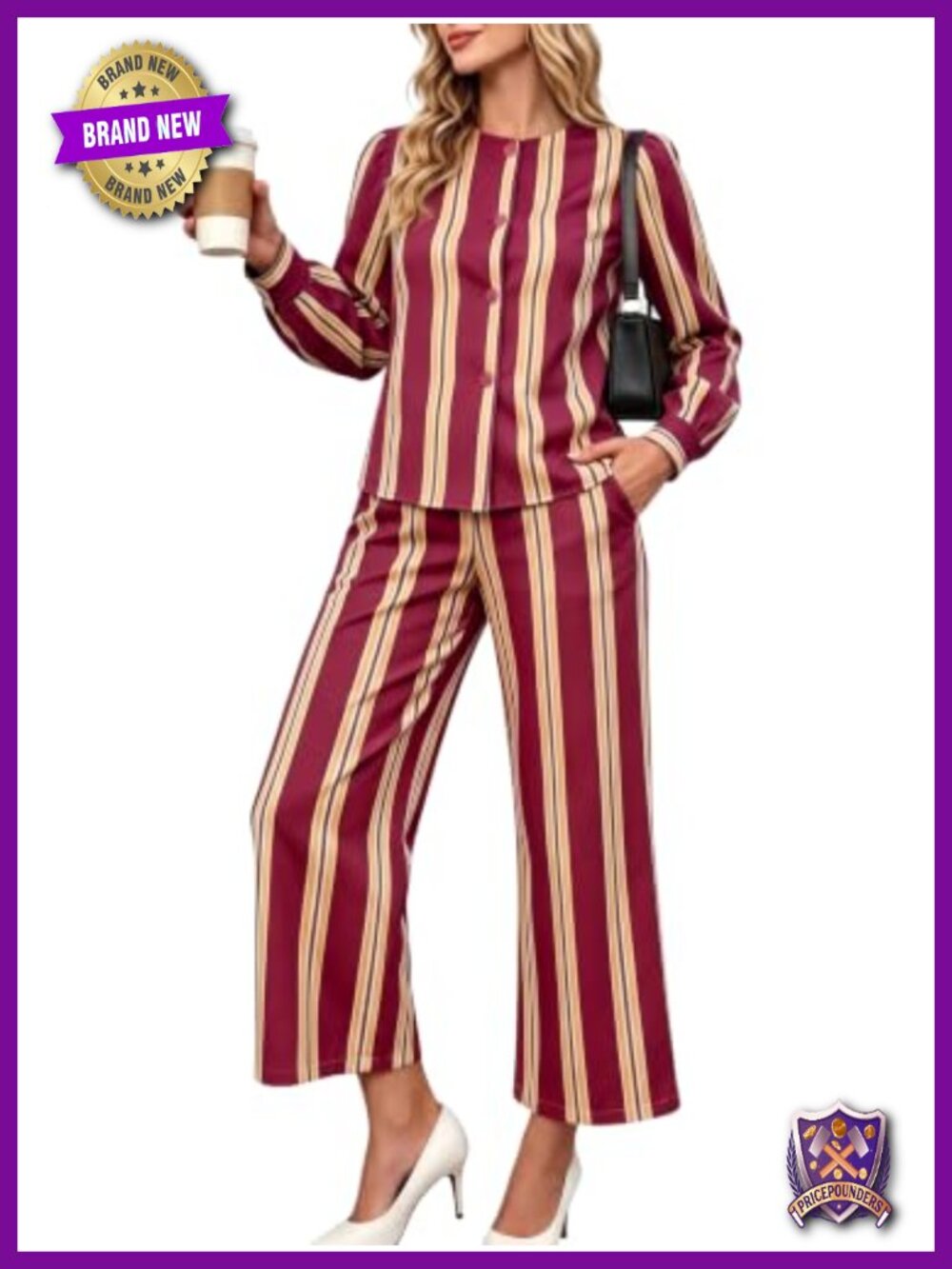 Womens Two Piece Pants Suit Striped Button Down Shirt Wide Leg Pants Set